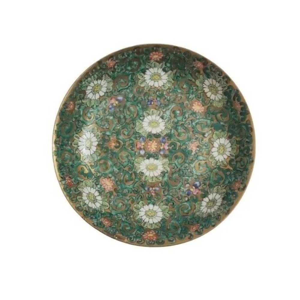 JAPANESE DISH ENCASED IN PEWTER DECORATED IN HONG KONG  FLORAL 7 ACROSS